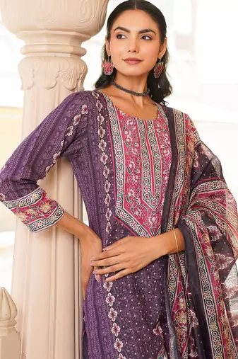 Women purple rayon blend ethnic motifs printed straight kurta trouser with dupatta
