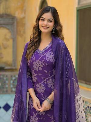 Women purple rayon blend bandhani printed straight kurta trouser with dupatta 1