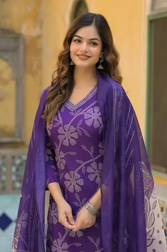 Women purple rayon blend bandhani printed straight kurta trouser with dupatta