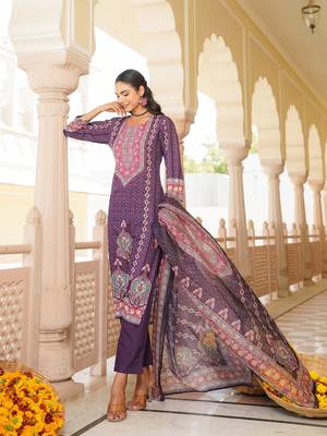Women purple rayon blend ethnic motifs printed straight kurta trouser with dupatta 3