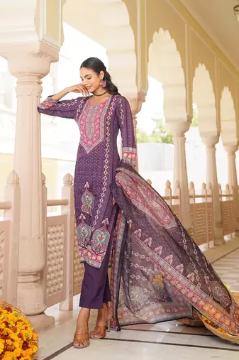 Women purple rayon blend ethnic motifs printed straight kurta trouser with dupatta