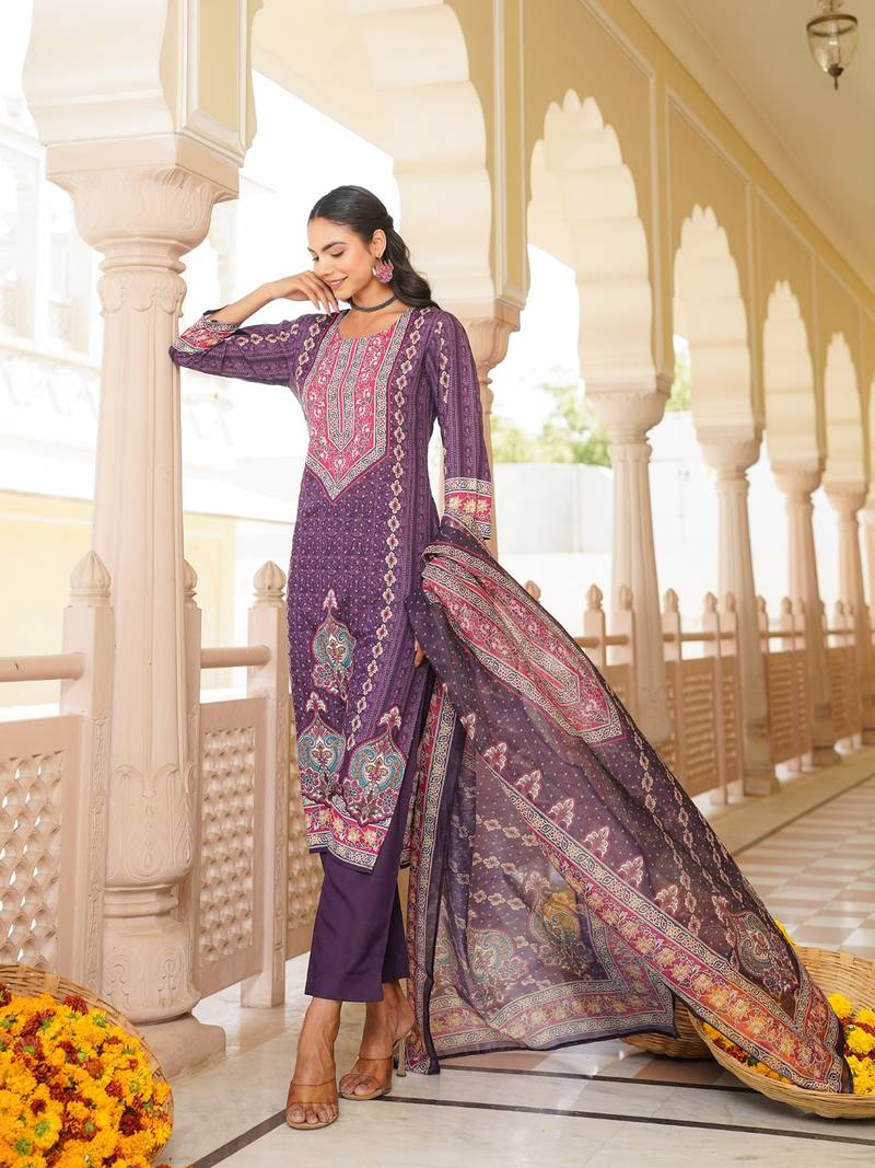 Women purple rayon blend ethnic motifs printed straight kurta trouser with dupatta
