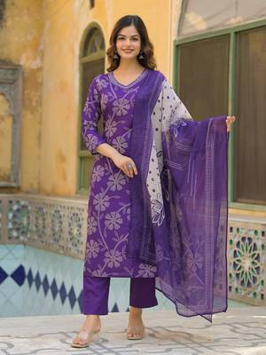 Women purple rayon blend bandhani printed straight kurta trouser with dupatta 2