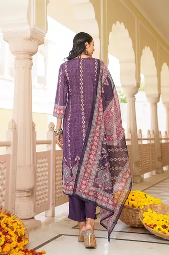 Women purple rayon blend ethnic motifs printed straight kurta trouser with dupatta