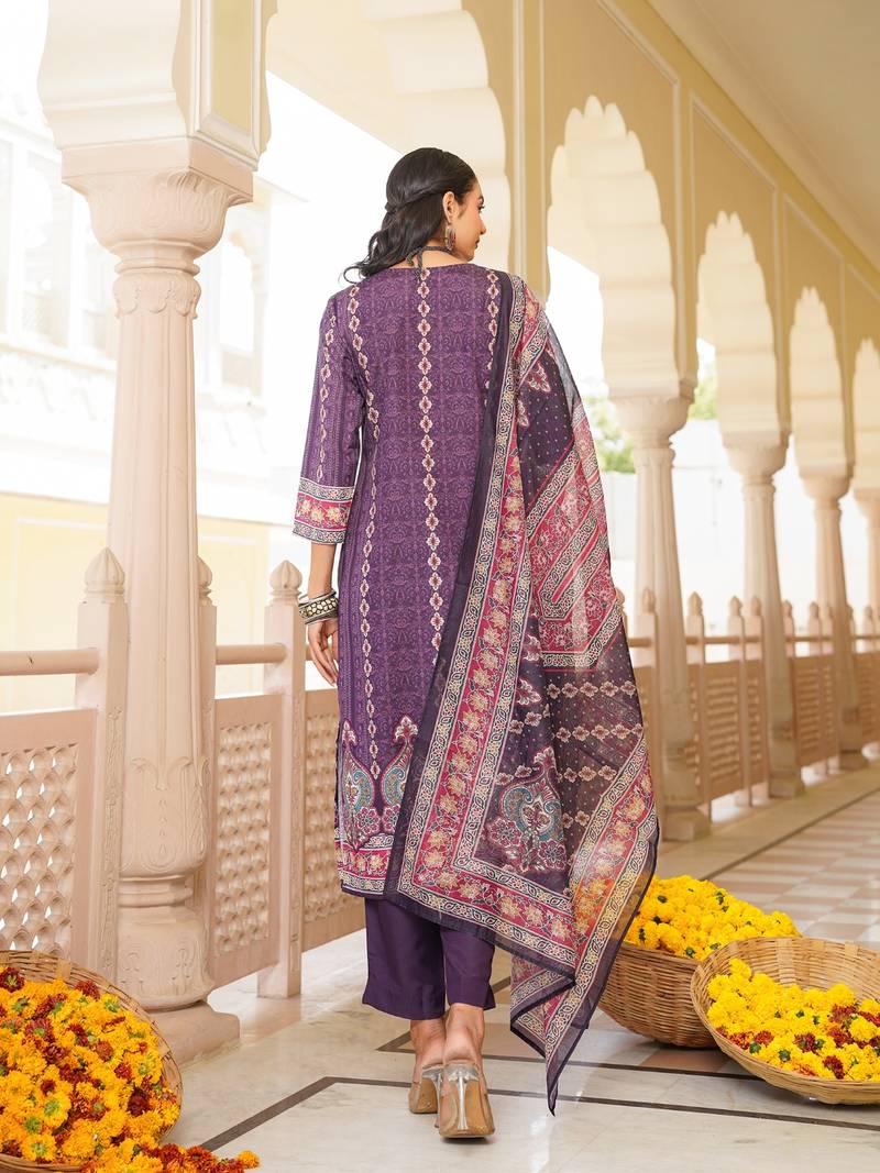 Women purple rayon blend ethnic motifs printed straight kurta trouser with dupatta