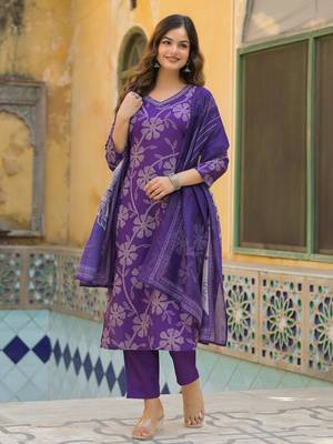 Women purple rayon blend bandhani printed straight kurta trouser with dupatta 3