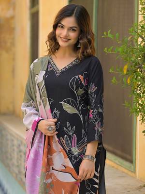 Women black rayon blend floral printed straight kurta trouser with dupatta 1