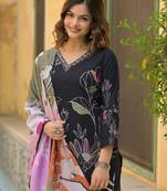 Women black rayon blend floral printed straight kurta trouser with dupatta