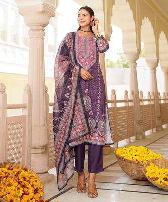 Women purple rayon blend ethnic motifs printed straight kurta trouser with dupatta 5