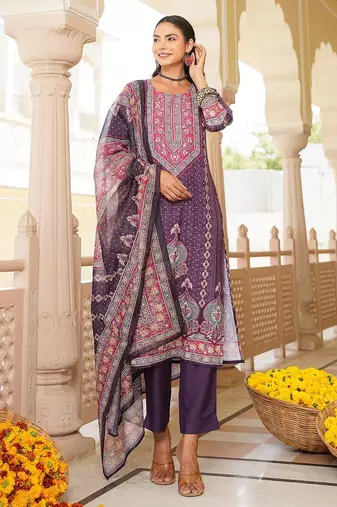 Women purple rayon blend ethnic motifs printed straight kurta trouser with dupatta