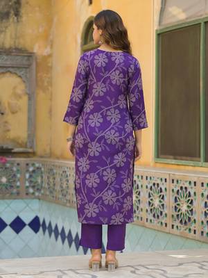 Women purple rayon blend bandhani printed straight kurta trouser with dupatta 4