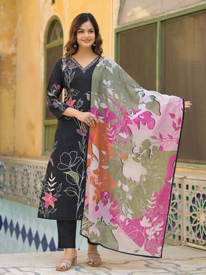 Women black rayon blend floral printed straight kurta trouser with dupatta 2