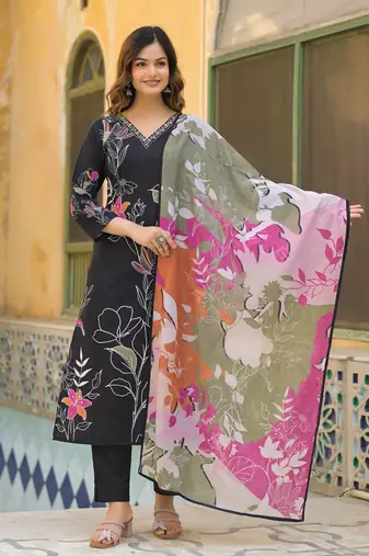 Women black rayon blend floral printed straight kurta trouser with dupatta