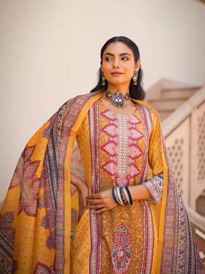 Women yellow rayon blend ethnic motifs printed straight kurta trouser with dupatta 1