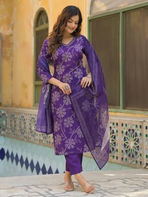 Women purple rayon blend bandhani printed straight kurta trouser with dupatta 5