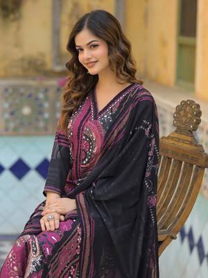 Women black rayon blend abstract printed straight kurta trouser with dupatta 1