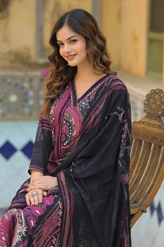 Women black rayon blend abstract printed straight kurta trouser with dupatta