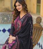 Women black rayon blend abstract printed straight kurta trouser with dupatta