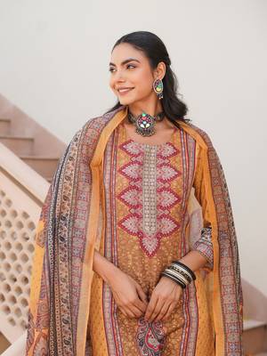 Women yellow rayon blend ethnic motifs printed straight kurta trouser with dupatta 2
