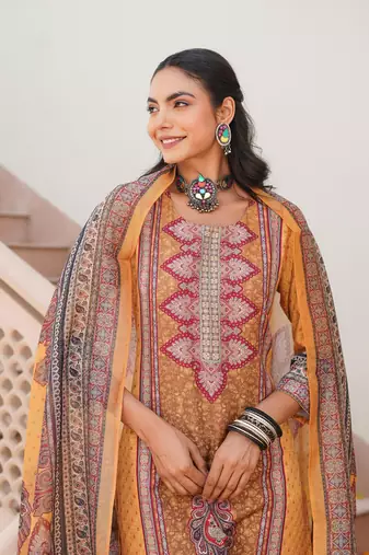 Women yellow rayon blend ethnic motifs printed straight kurta trouser with dupatta