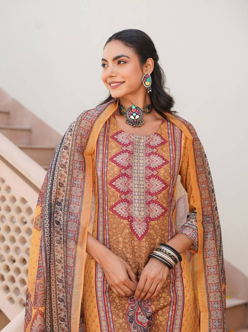 Women yellow rayon blend ethnic motifs printed straight kurta trouser with dupatta