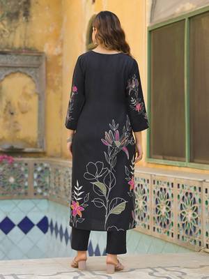 Women black rayon blend floral printed straight kurta trouser with dupatta 4