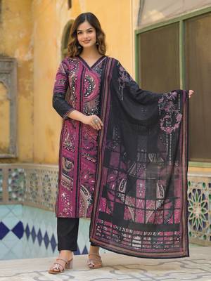 Women black rayon blend abstract printed straight kurta trouser with dupatta 2
