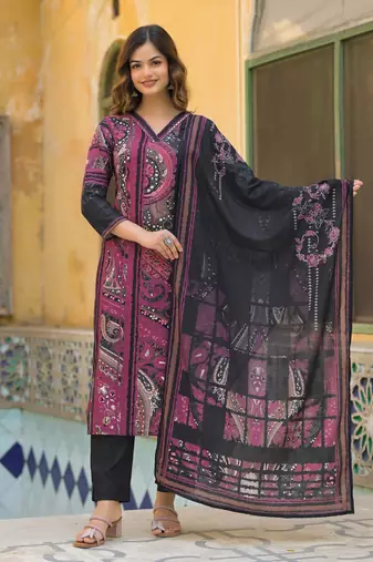 Women black rayon blend abstract printed straight kurta trouser with dupatta
