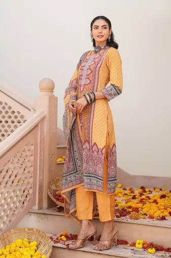 Women yellow rayon blend ethnic motifs printed straight kurta trouser with dupatta