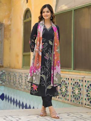 Women black rayon blend floral printed straight kurta trouser with dupatta 5