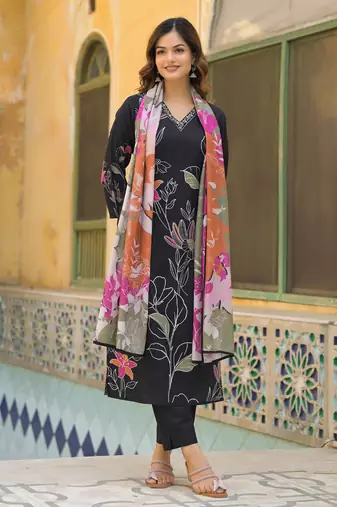 Women black rayon blend floral printed straight kurta trouser with dupatta