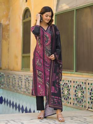 Women black rayon blend abstract printed straight kurta trouser with dupatta 3
