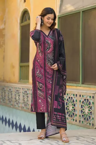 Women black rayon blend abstract printed straight kurta trouser with dupatta