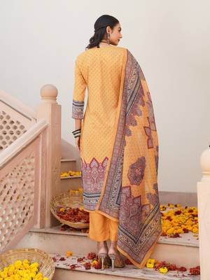 Women yellow rayon blend ethnic motifs printed straight kurta trouser with dupatta 4