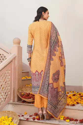 Women yellow rayon blend ethnic motifs printed straight kurta trouser with dupatta