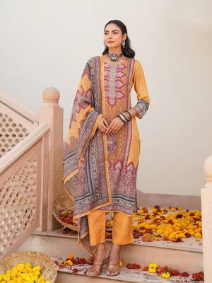 Women yellow rayon blend ethnic motifs printed straight kurta trouser with dupatta 5
