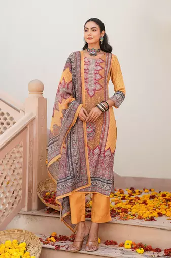 Women yellow rayon blend ethnic motifs printed straight kurta trouser with dupatta