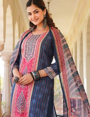 Women blue rayon blend ethnic motifs printed straight kurta trouser with dupatta 2