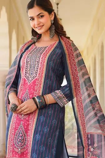Women blue rayon blend ethnic motifs printed straight kurta trouser with dupatta