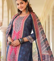 Women blue rayon blend ethnic motifs printed straight kurta trouser with dupatta