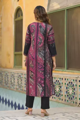 Women black rayon blend abstract printed straight kurta trouser with dupatta
