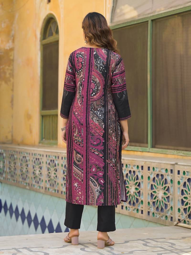 Women black rayon blend abstract printed straight kurta trouser with dupatta