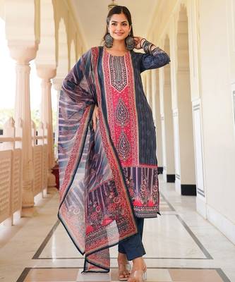 Women blue rayon blend ethnic motifs printed straight kurta trouser with dupatta 3