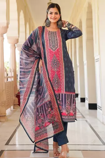 Women blue rayon blend ethnic motifs printed straight kurta trouser with dupatta