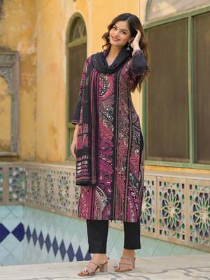 Women black rayon blend abstract printed straight kurta trouser with dupatta 5