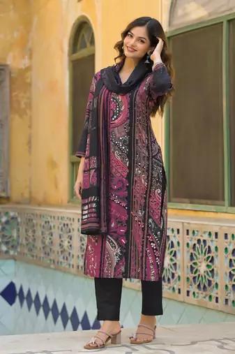 Women black rayon blend abstract printed straight kurta trouser with dupatta