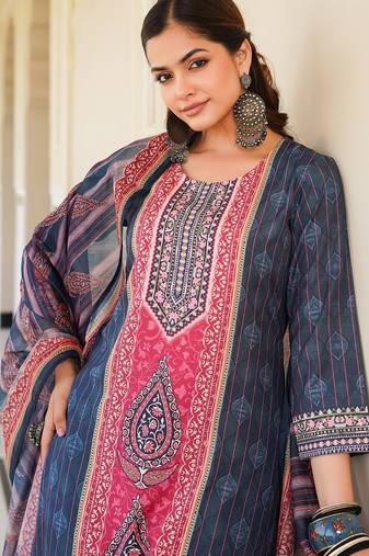 Women blue rayon blend ethnic motifs printed straight kurta trouser with dupatta