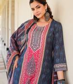 Women blue rayon blend ethnic motifs printed straight kurta trouser with dupatta