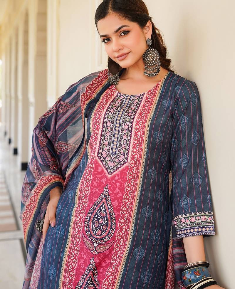 Women blue rayon blend ethnic motifs printed straight kurta trouser with dupatta