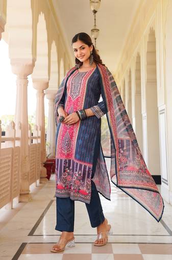 Women blue rayon blend ethnic motifs printed straight kurta trouser with dupatta